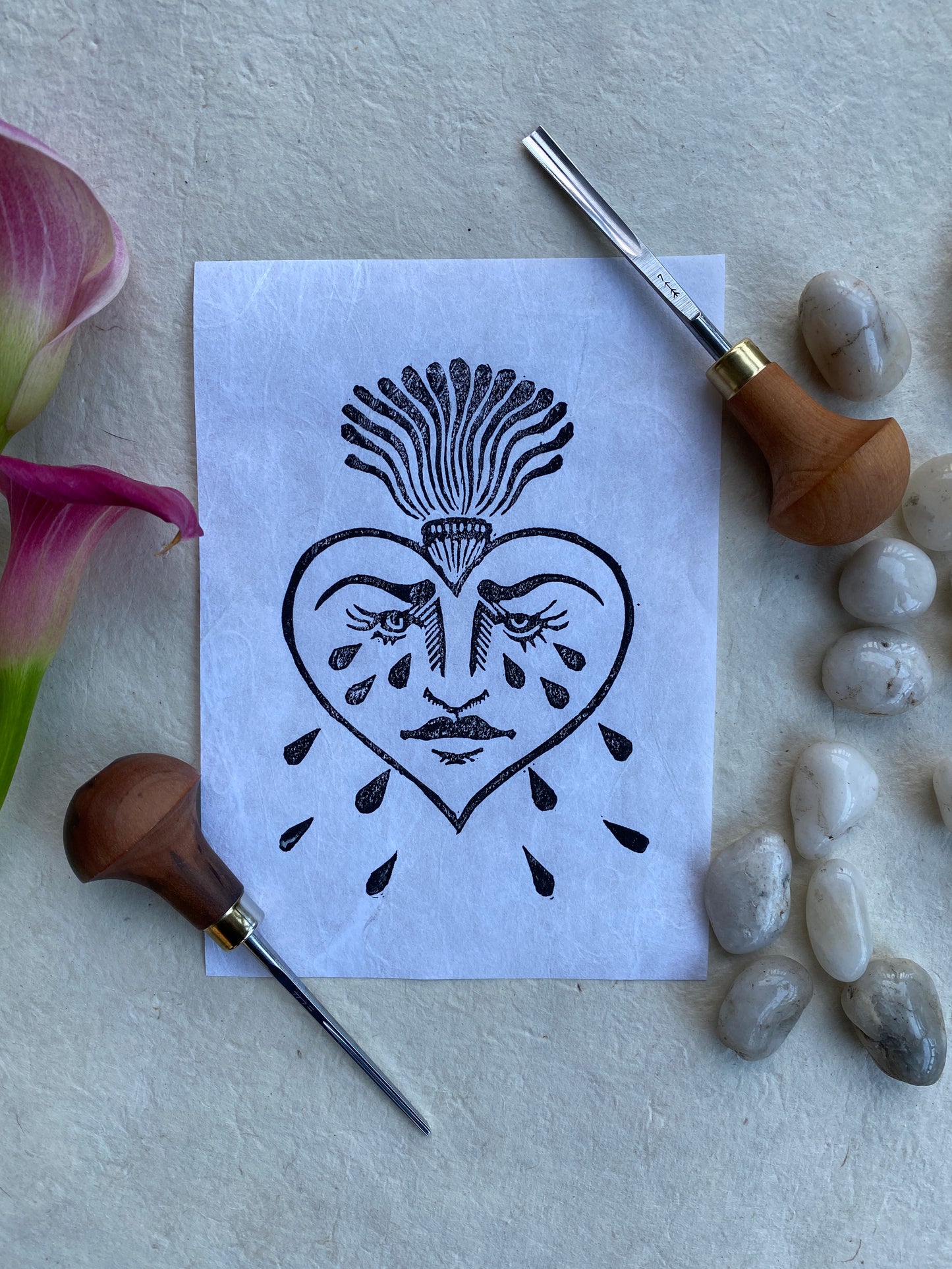 Crying Heart Linocut