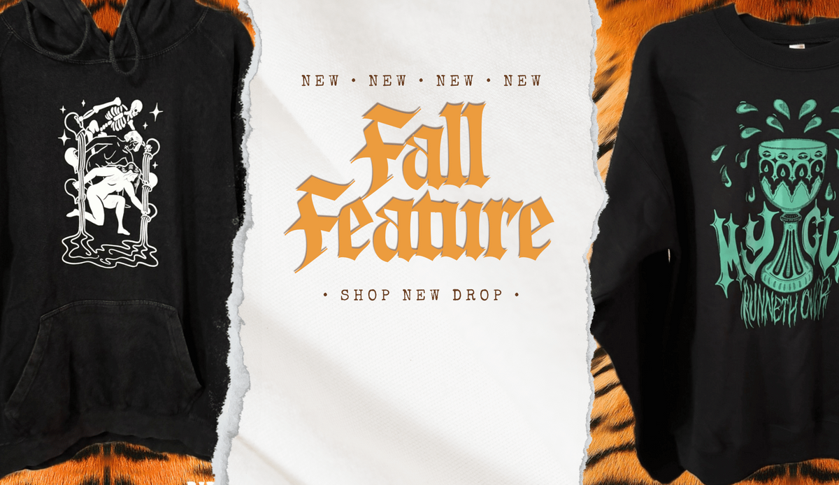 A promotional collage showing three apparel items: a black hoodie with a white graphic on the left, a central torn-paper style panel with orange text reading 'Fall Feature' and 'Shop New Drop,' and a black long-sleeve shirt with a teal skull-and-cup graphic on the right, all set against an orange tiger-stripe background.